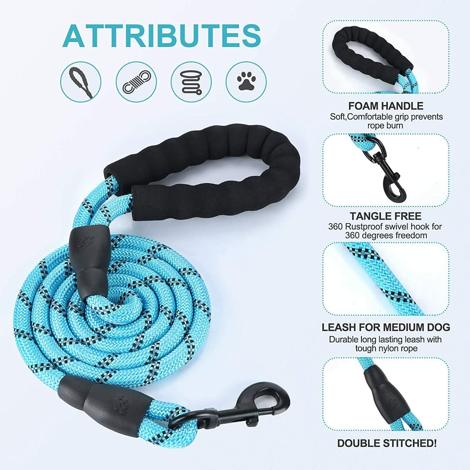 Extra Strong Reflective Rope Dog Lead with Foam Padded Handle Leash 5Ft 150Cm